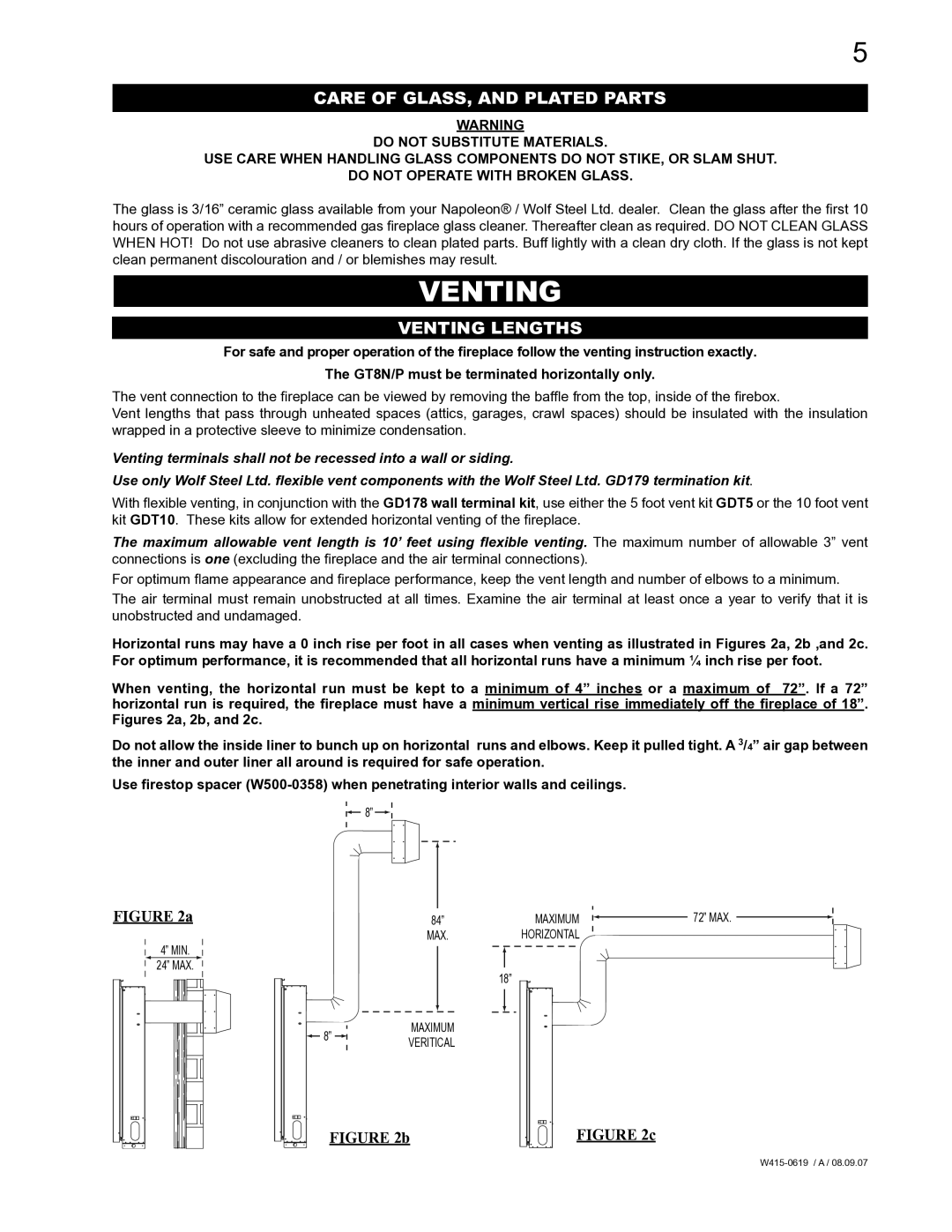 Napoleon Fireplaces GT8N, GT8P manual Care of GLASS, and Plated Parts, Venting Lengths 