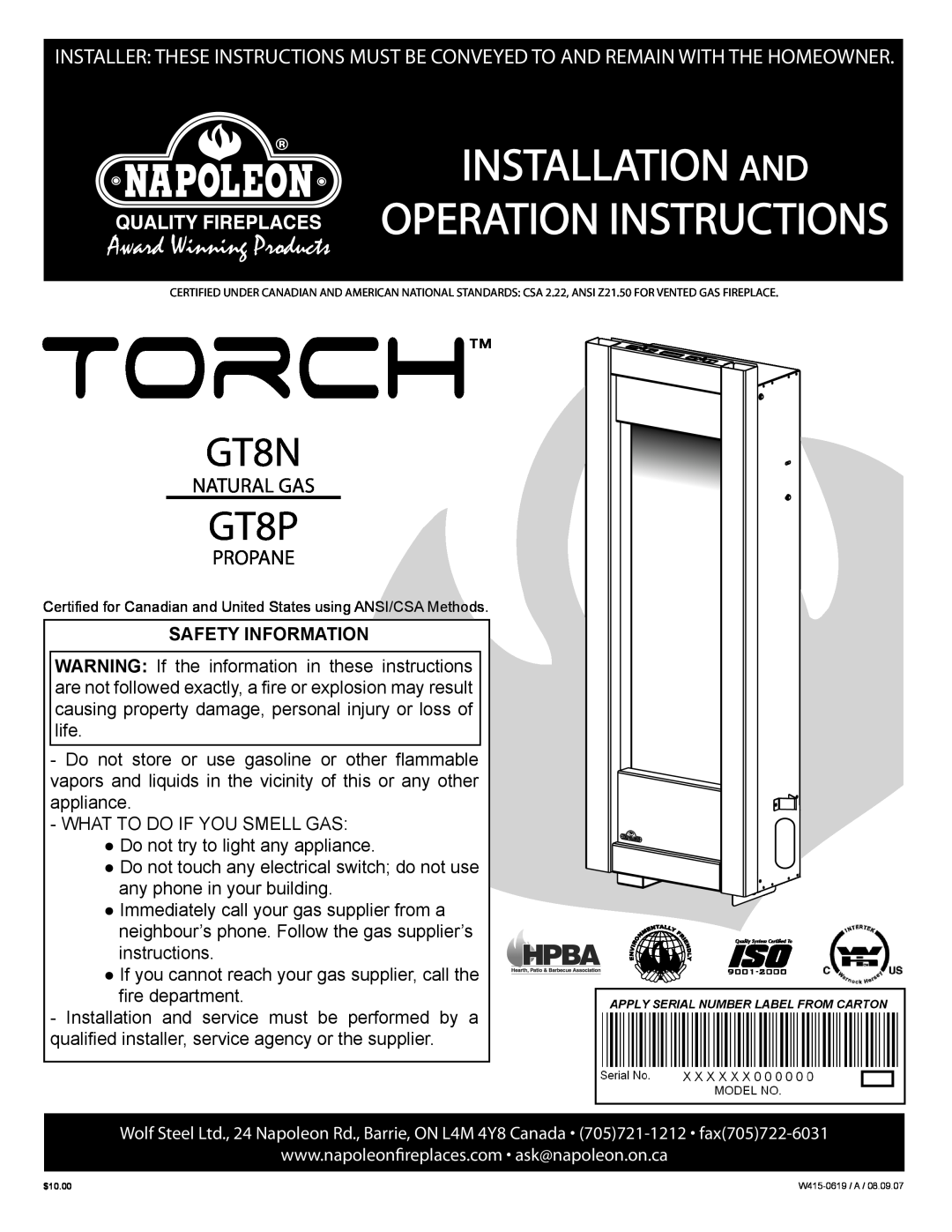 Napoleon Fireplaces GT8N manual Installation And, Operation Instructions, GT8P, Natural Gas, Propane, Safety Information 