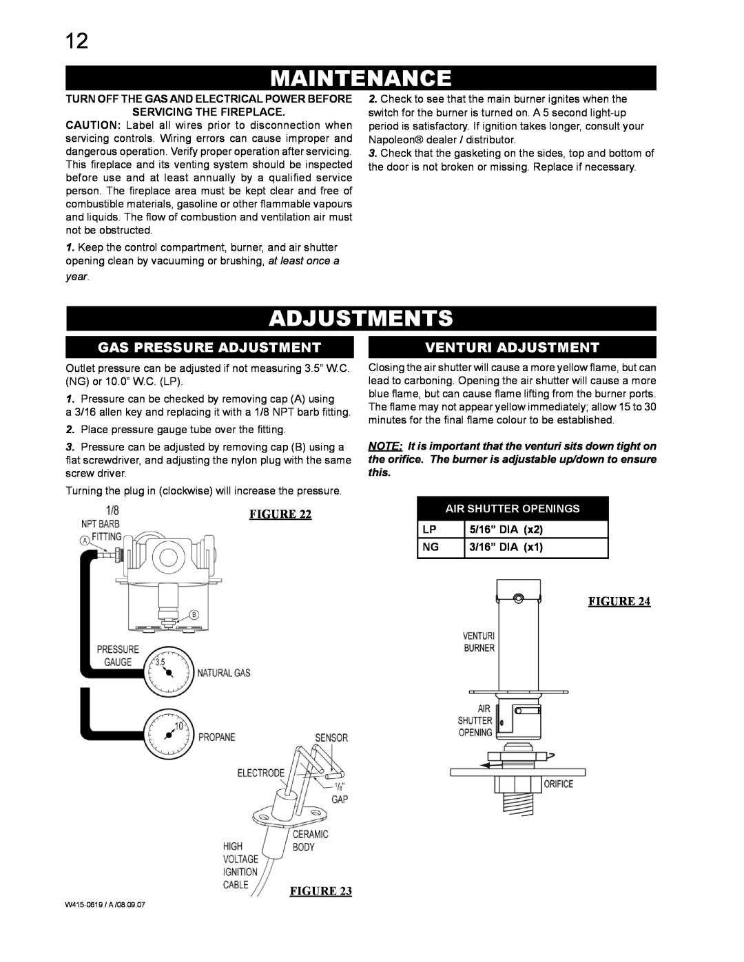Napoleon Fireplaces GT8P, GT8N manual Maintenance, Adjustments, Gas Pressure Adjustment, Venturi Adjustment, Figure Figure 