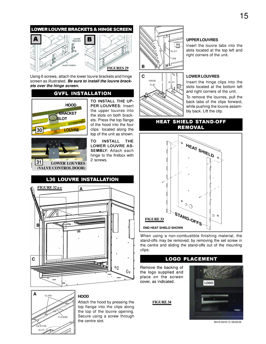 Napoleon Fireplaces GVF40N manual Gvfl Installation, Heat Shield STAND-OFF Removal, L36 Louvre Installation, Logo Placement 