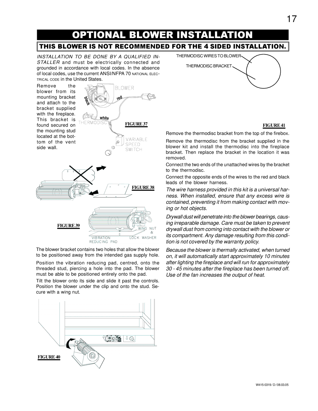 Napoleon Fireplaces GVF40N manual Optional Blower Installation, This Blower is not Recommended for the 4 Sided Installation 