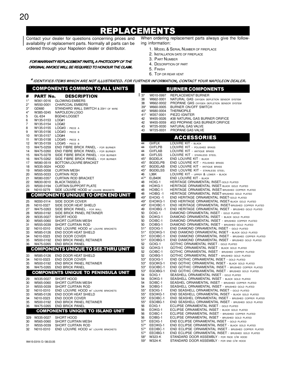 Napoleon Fireplaces GVF40P, GVF40N manual Replacements, Accessories 