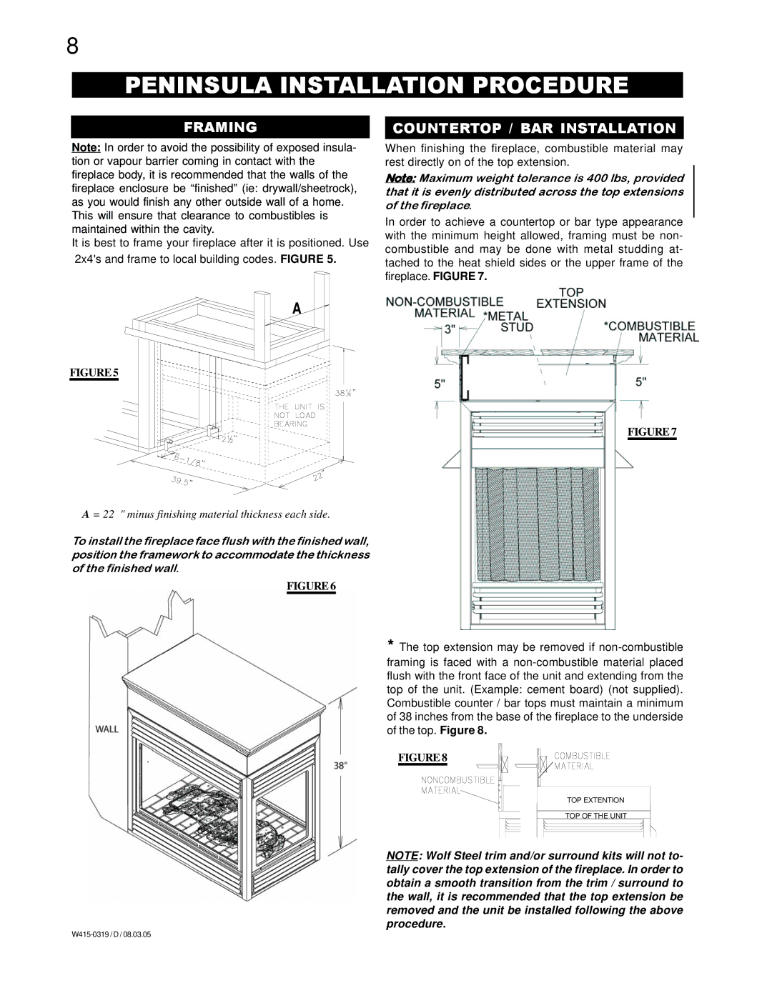 Napoleon Fireplaces GVF40P, GVF40N manual Peninsula Installation Procedure, Framing, Countertop / BAR Installation 