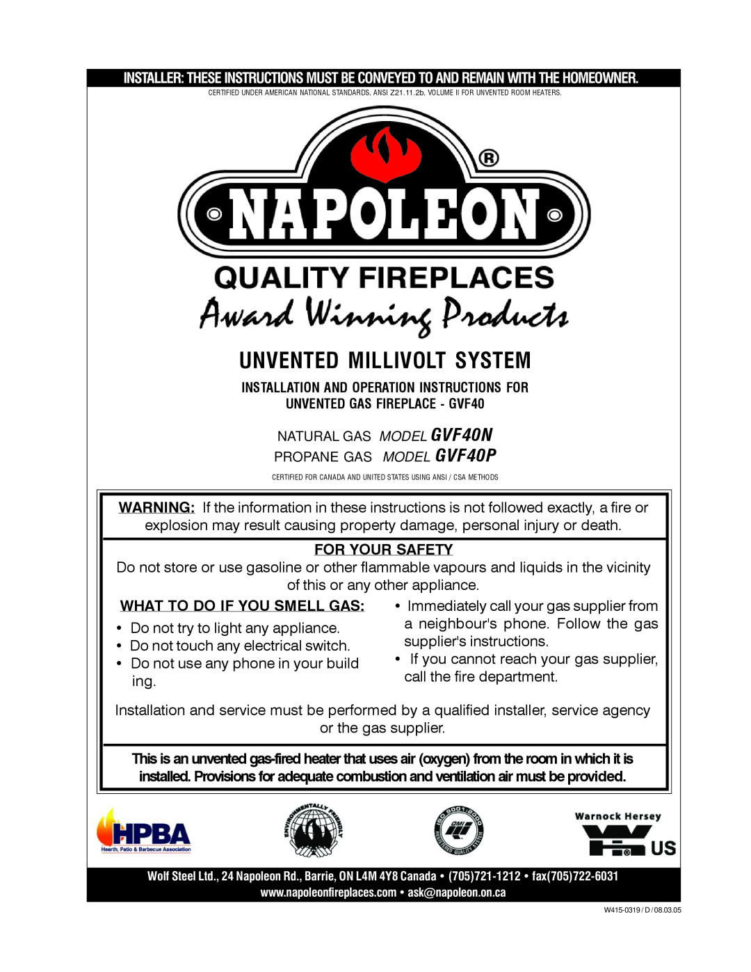 Napoleon Fireplaces GVF40N, GVF40P manual Unvented Millivolt System 
