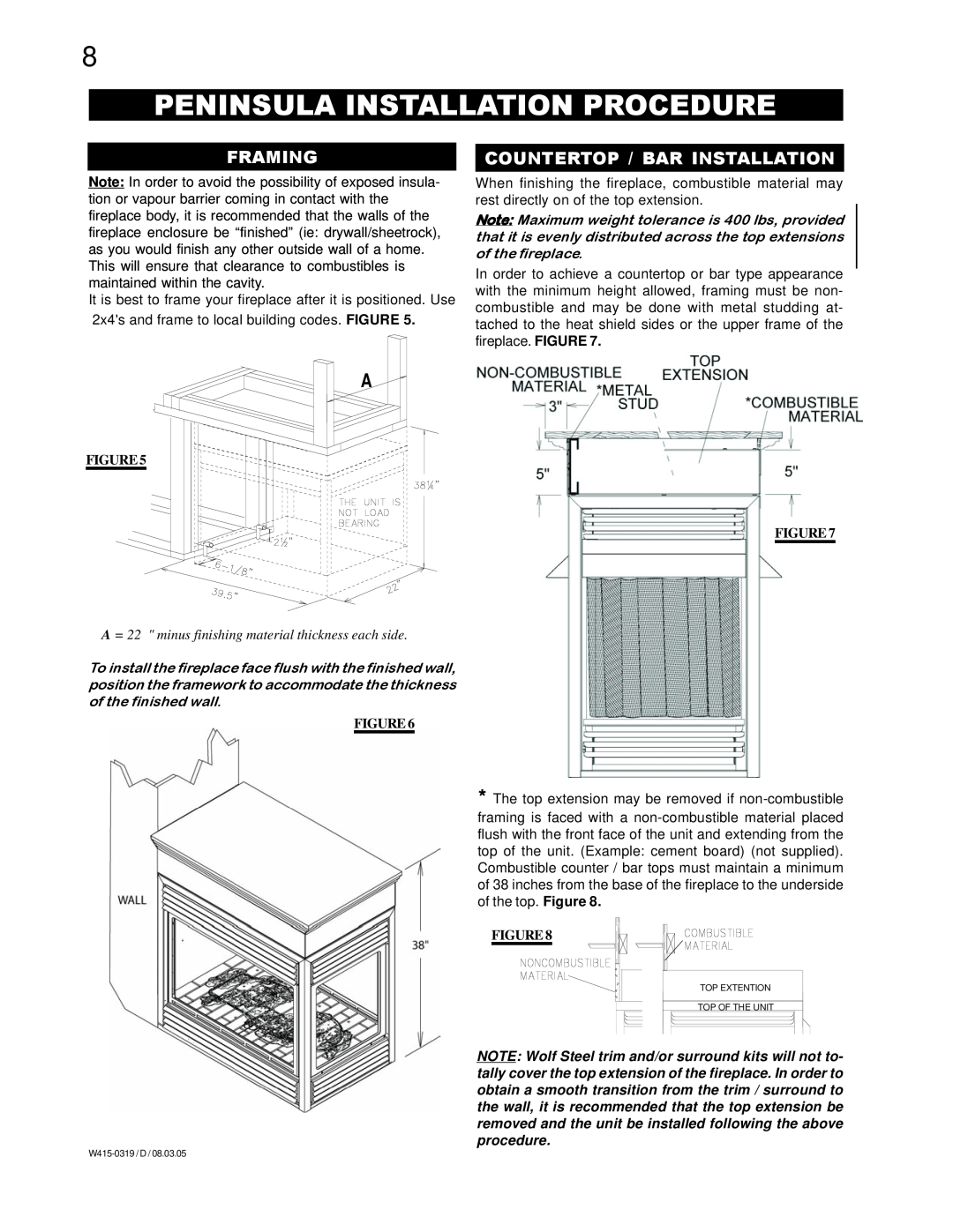 Napoleon Fireplaces GVF40P, GVF40N manual Peninsula Installation Procedure, Framing, Countertop / Bar Installation 