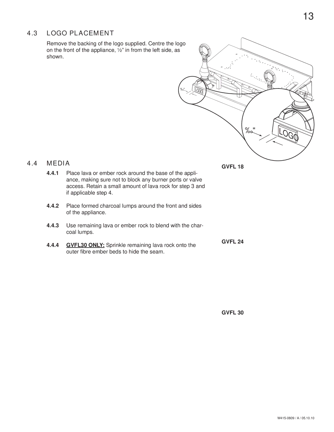 Napoleon Fireplaces GVFL24P, GVFL30P, GVFL18P, GVFL24N, GVFL18N, GVFL30N manual Logo Placement, Media, Gvfl 
