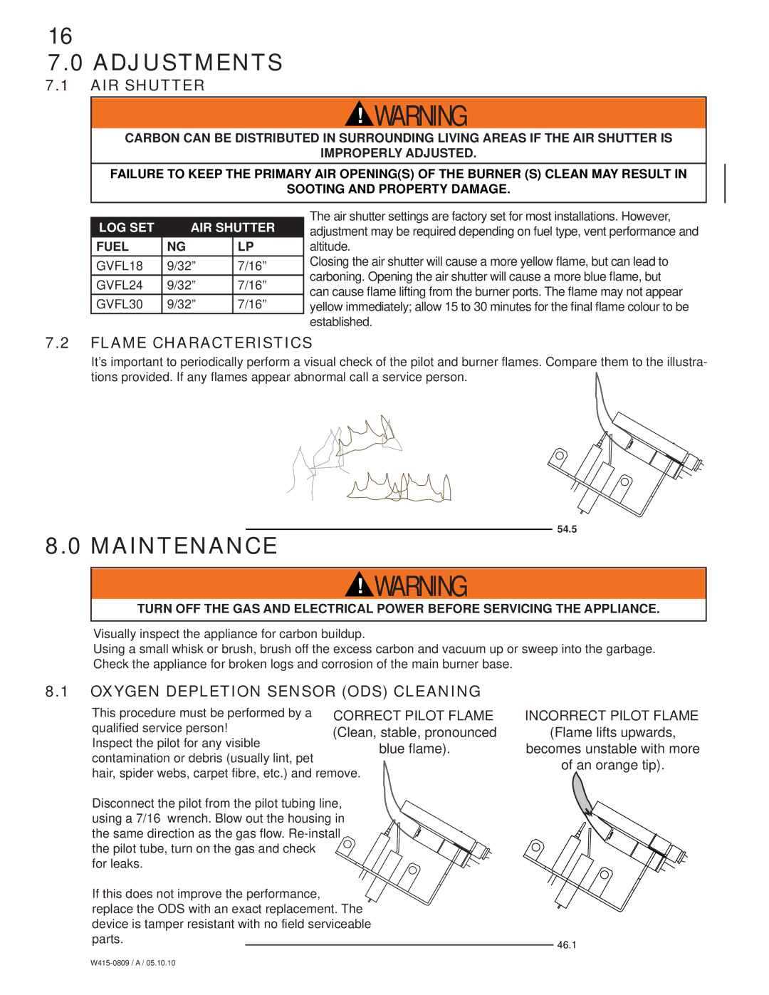 Napoleon Fireplaces GVFL18N, GVFL30P, GVFL18P, GVFL24N, GVFL24P Adjustments, Maintenance, AIR Shutter, Flame Characteristics 