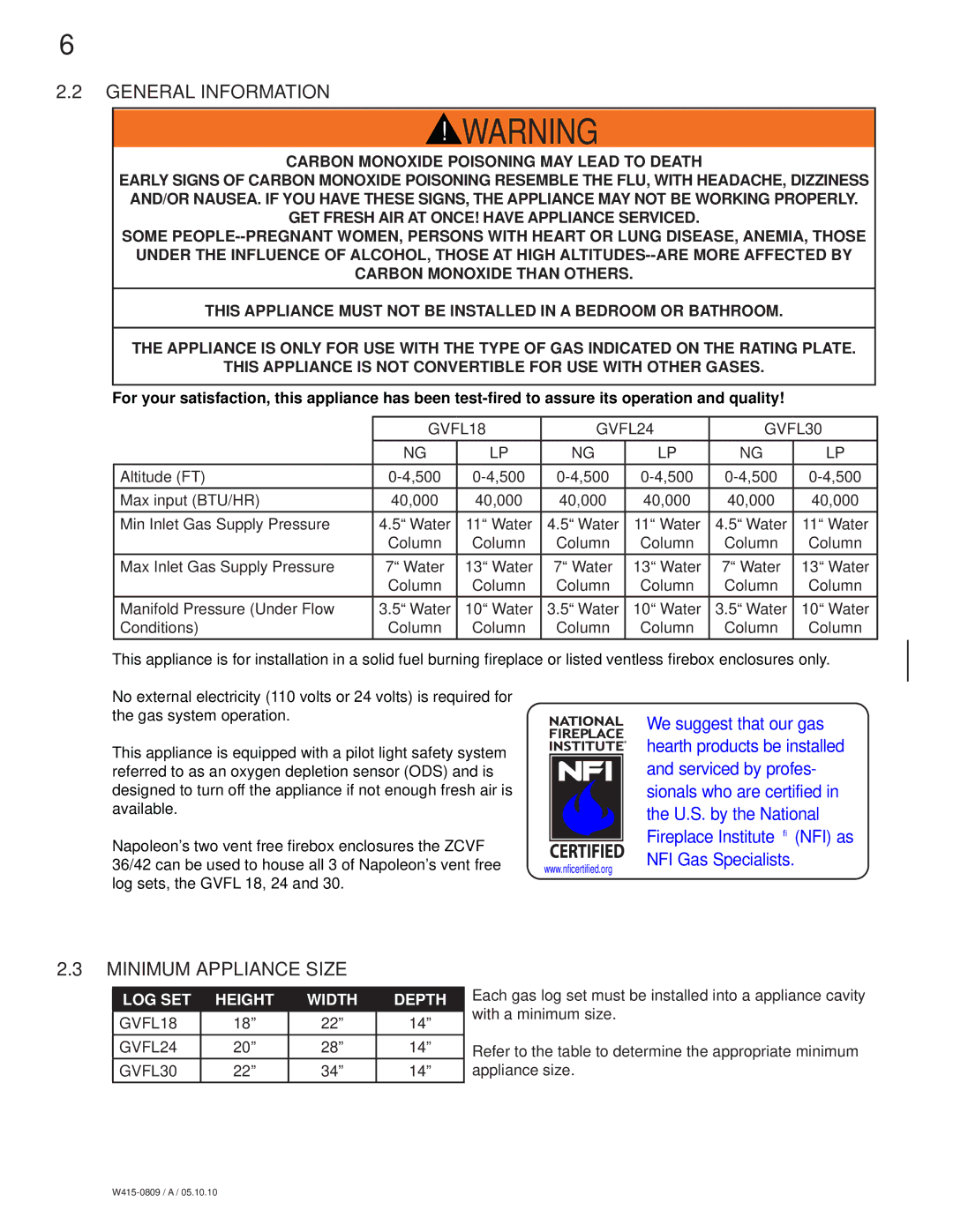 Napoleon Fireplaces GVFL30P, GVFL18P, GVFL24N, GVFL24P, GVFL18N, GVFL30N General Information, Minimum Appliance Size 