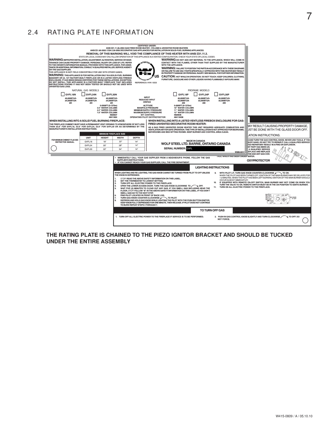 Napoleon Fireplaces GVFL18N, GVFL30P, GVFL18P, GVFL24N, GVFL24P, GVFL30N manual Rating Plate Information 