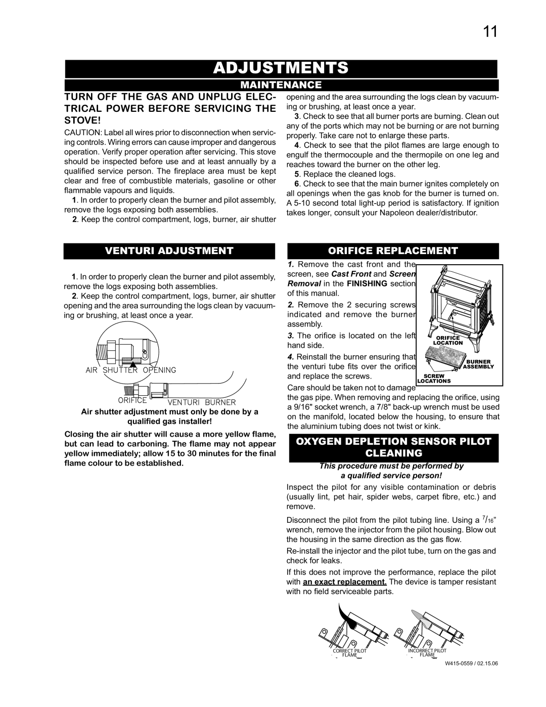 Napoleon Fireplaces GVFS20P, GVFS20N manual Adjustments, Venturi Adjustment, Oxygen Depletion Sensor Pilot Cleaning 