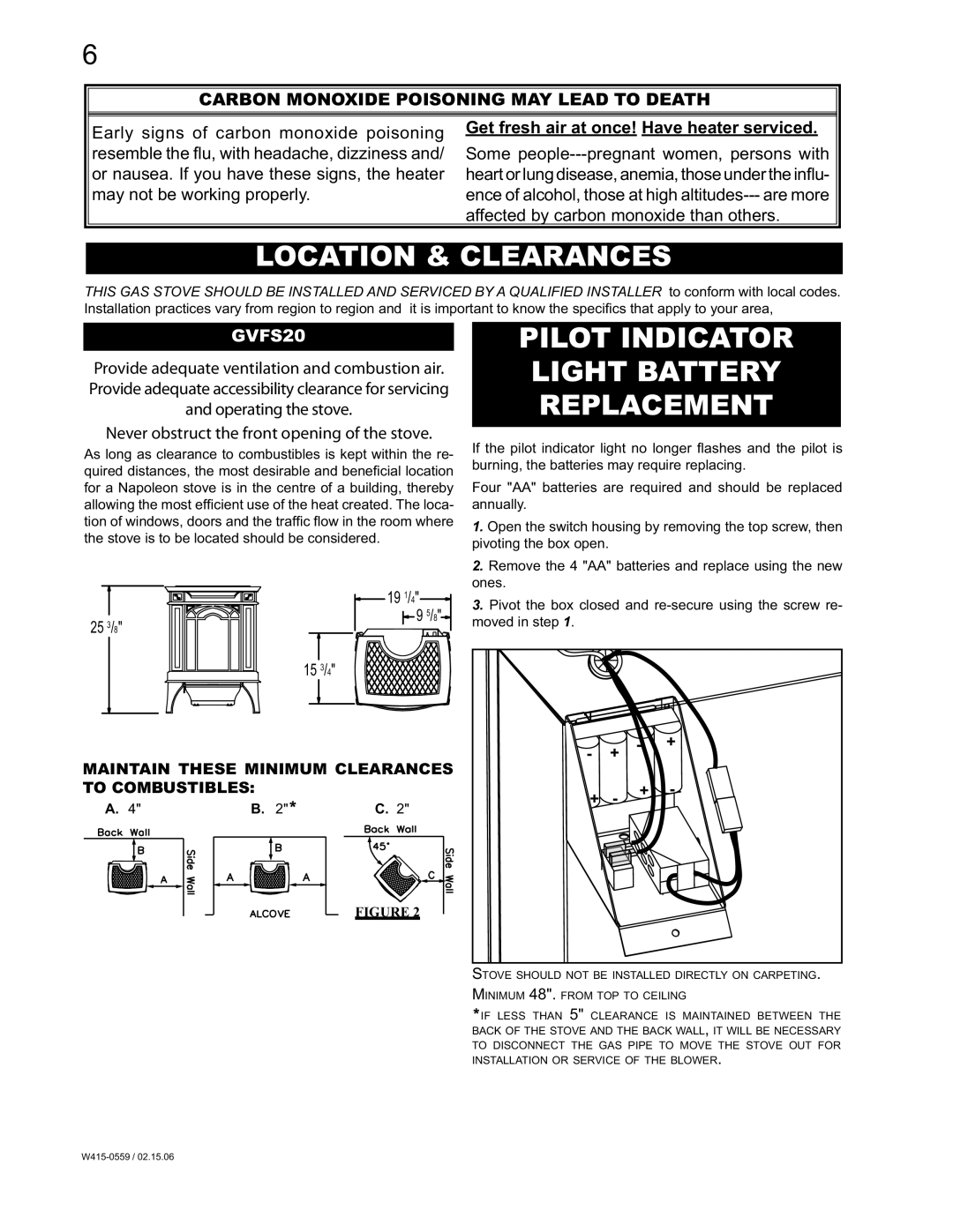 Napoleon Fireplaces GVFS20N, GVFS20P manual Location & Clearances, Pilot Indicator Light Battery Replacement 