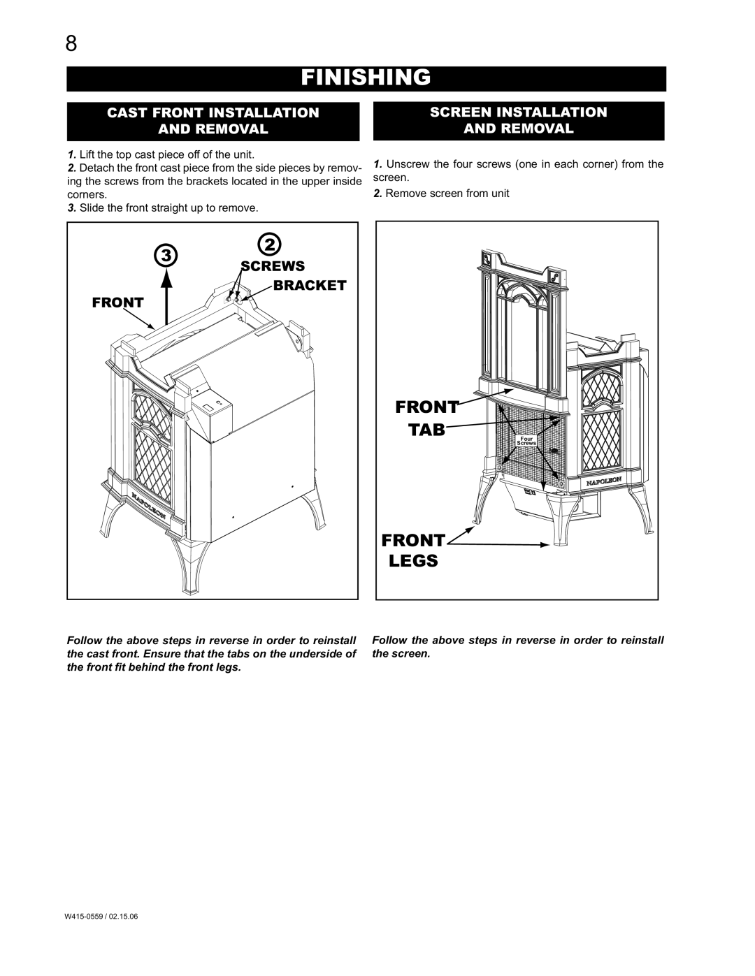 Napoleon Fireplaces GVFS20N, GVFS20P manual Finishing, Cast Front Installation Screen Installation 