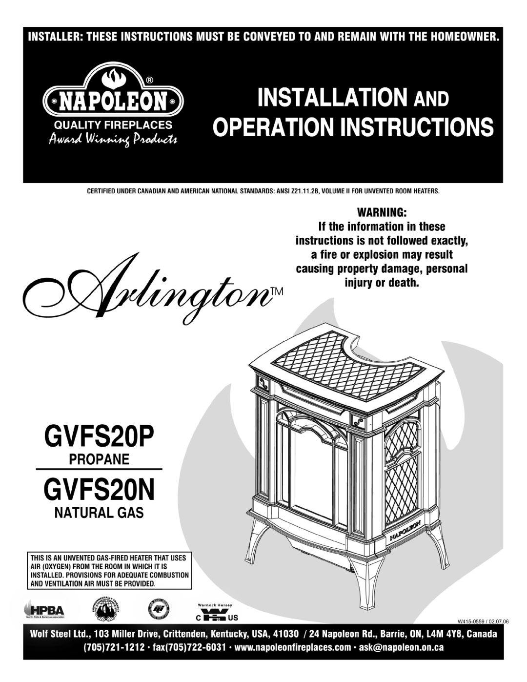 Napoleon Fireplaces GVFS20P, GVFS20N manual W415-0559 /02.07.06, W415-0559 /02.15.06 