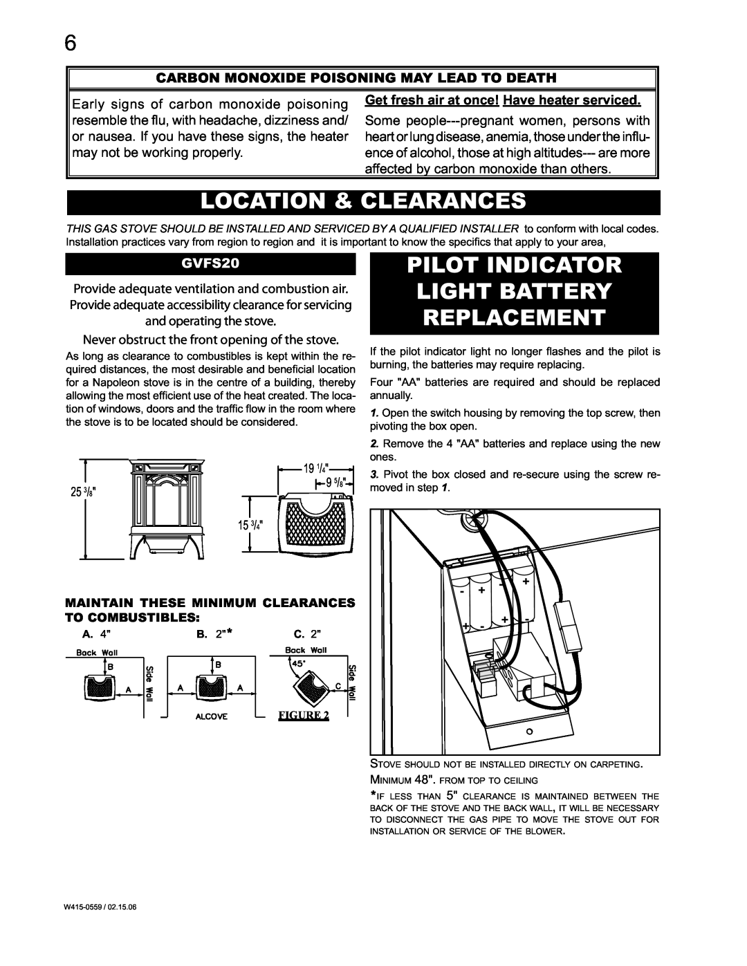 Napoleon Fireplaces GVFS20N, GVFS20P manual Location & Clearances, Pilot Indicator Light Battery Replacement 