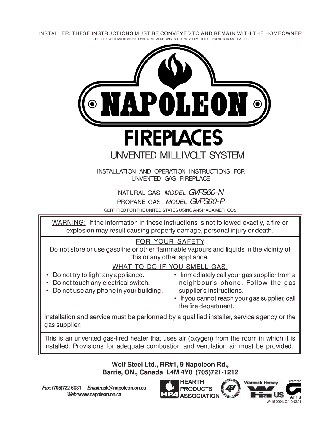 Napoleon Fireplaces GVFS60-P, GVFS60-N manual Unvented Millivolt System 