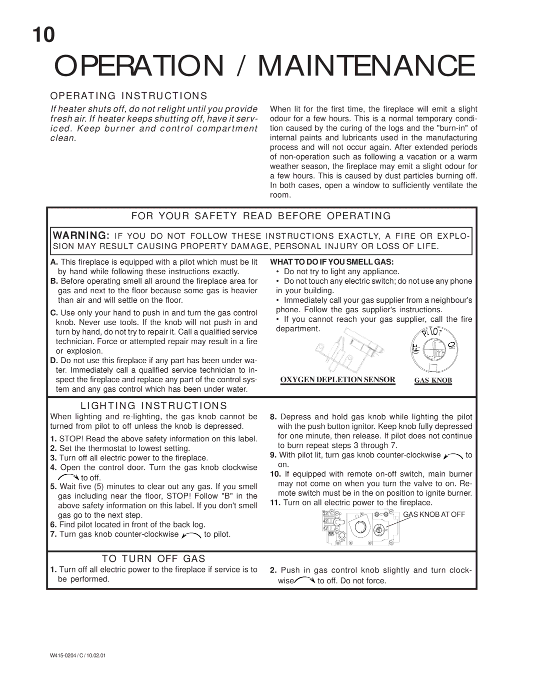 Napoleon Fireplaces GVFS60-N manual Operating Instructions, For Your Safety Read Before Operating, Lighting Instructions 