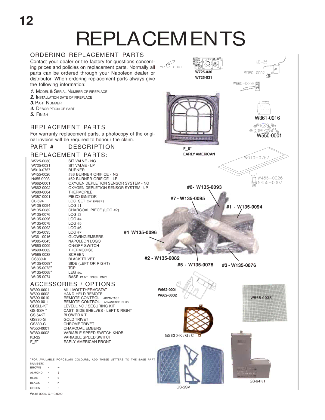 Napoleon Fireplaces GVFS60-N, GVFS60-P Ordering Replacement Parts, Description Replacement Parts, Accessories / Options 