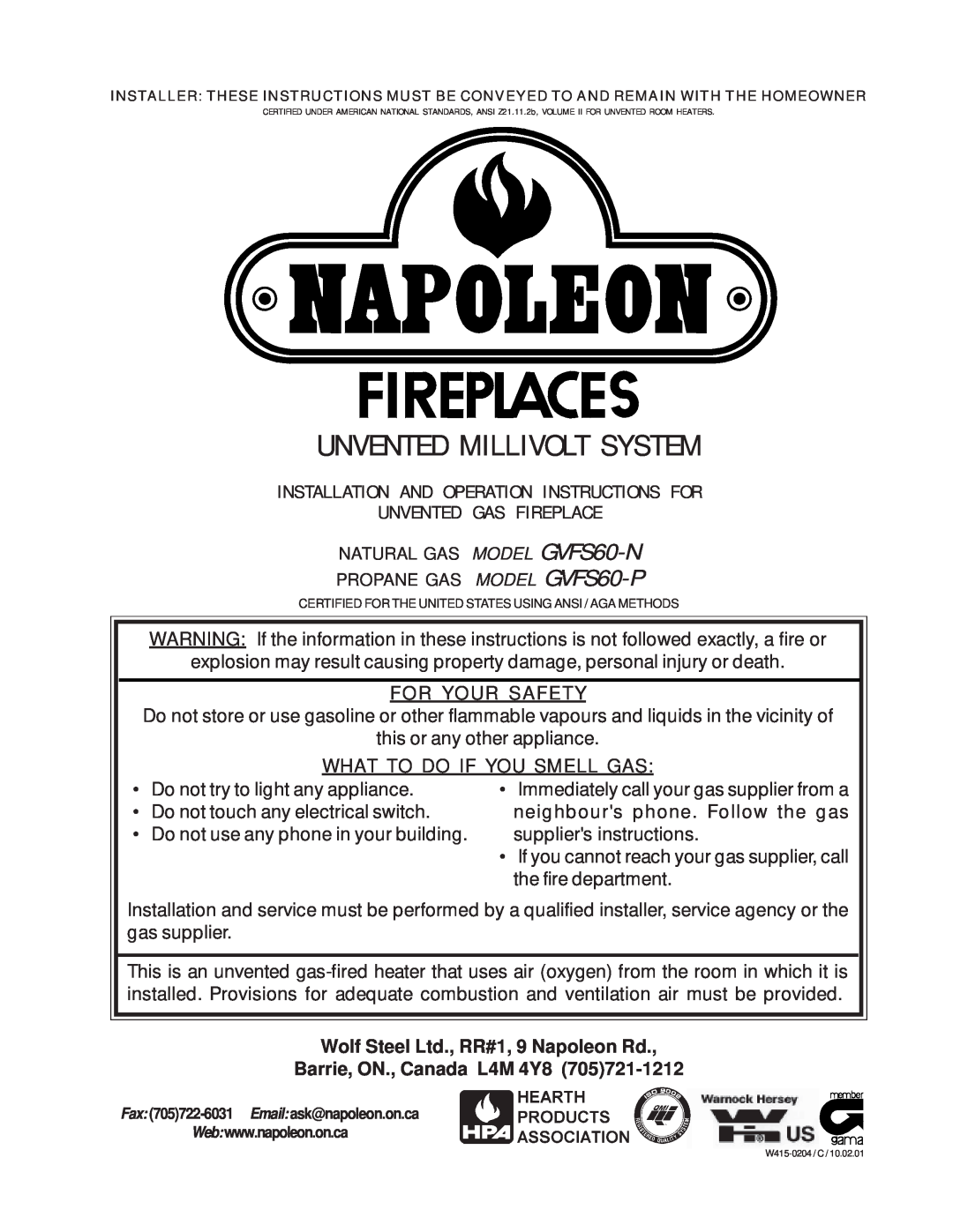 Napoleon Fireplaces GVFS60-P, GVFS60-N manual Unvented Millivolt System, For Your Safety, What To Do If You Smell Gas 