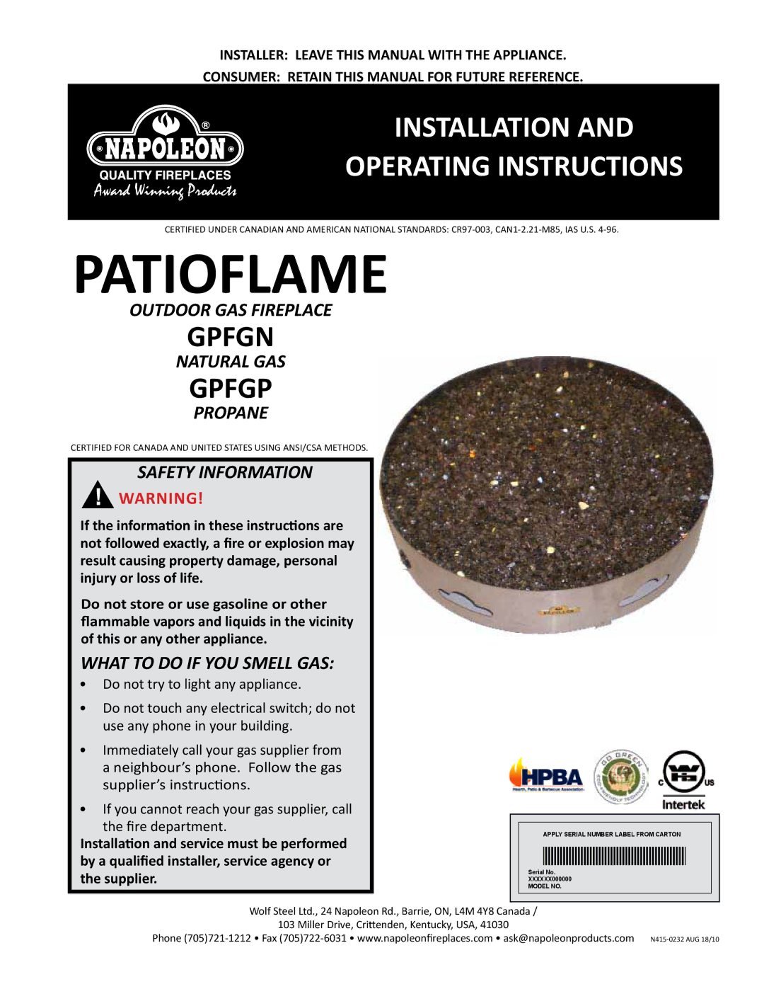 Napoleon Fireplaces N415-0232 operating instructions Gpfgn, Gpfgp 