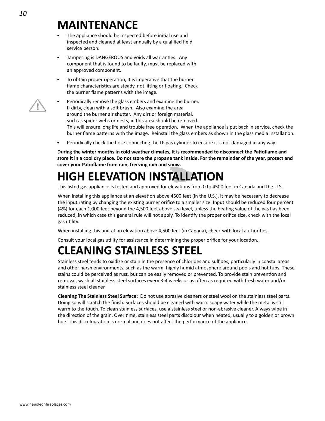 Napoleon Fireplaces N415-0232 operating instructions Maintenance, High Elevation Installation, Cleaning Stainless Steel 