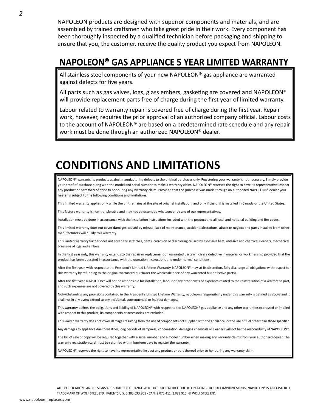 Napoleon Fireplaces N415-0232 Conditions and Limitations, Napoleon GAS Appliance 5 Year Limited Warranty 