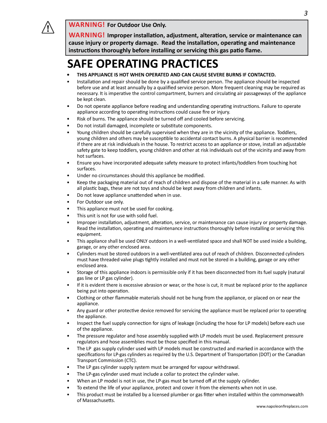 Napoleon Fireplaces N415-0232 operating instructions Safe Operating Practices 