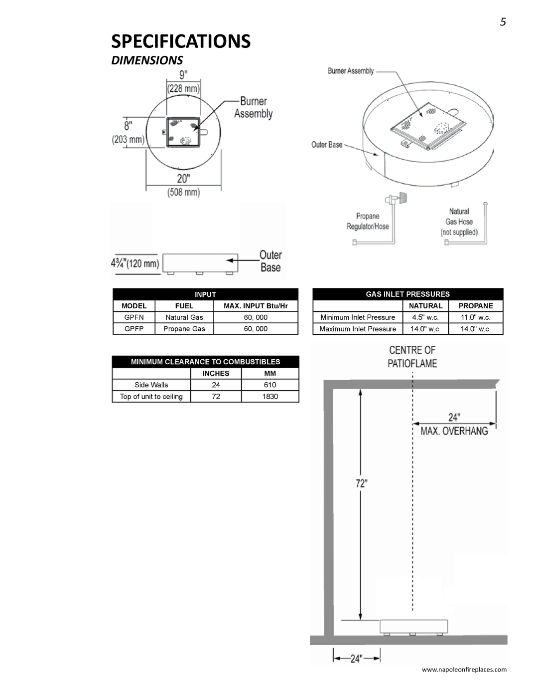 Napoleon Fireplaces N415-0232 operating instructions Specifications, Dimensions 