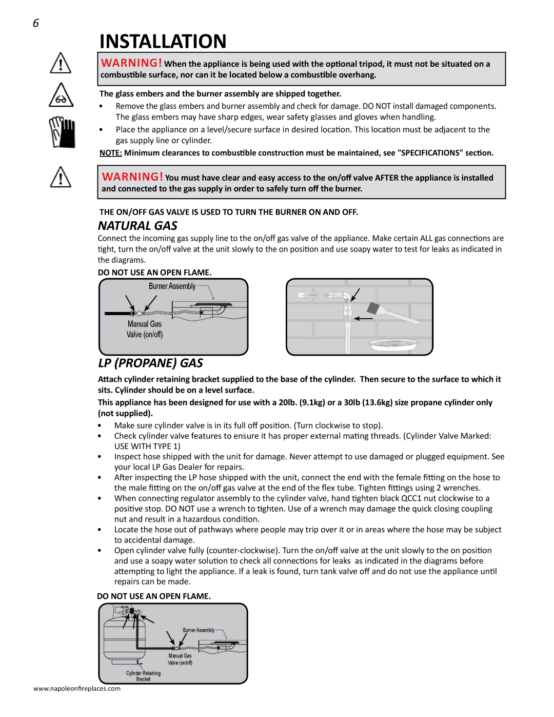 Napoleon Fireplaces N415-0232 operating instructions Installation, LP Propane GAS 