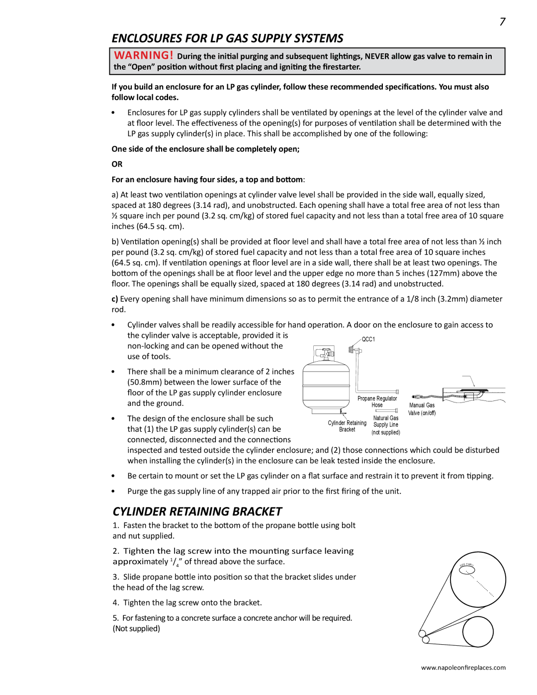 Napoleon Fireplaces N415-0232 operating instructions Enclosures for LP GAS Supply Systems, Cylinder Retaining Bracket 