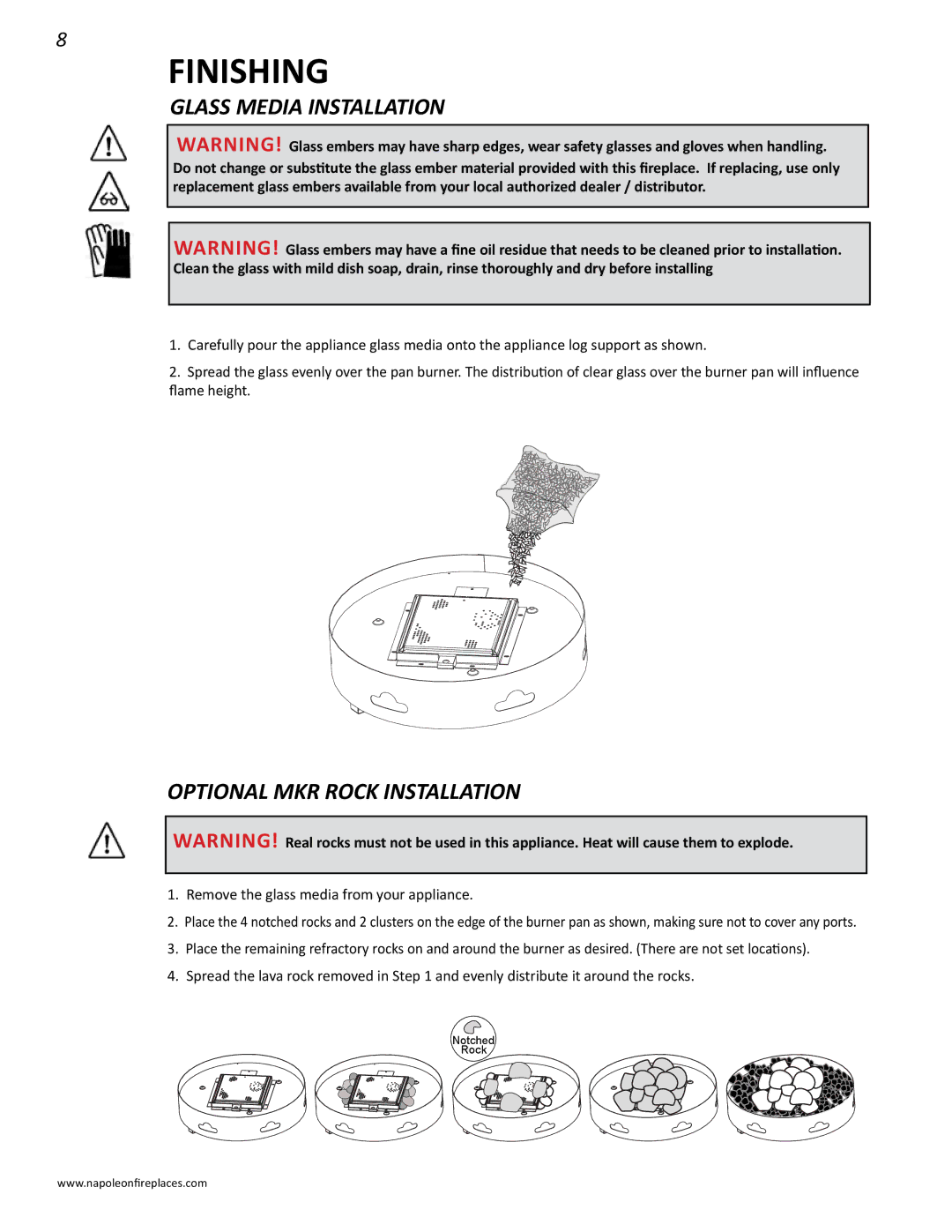 Napoleon Fireplaces N415-0232 operating instructions Finishing, Glass Media Installation, Optional MKR Rock Installation 