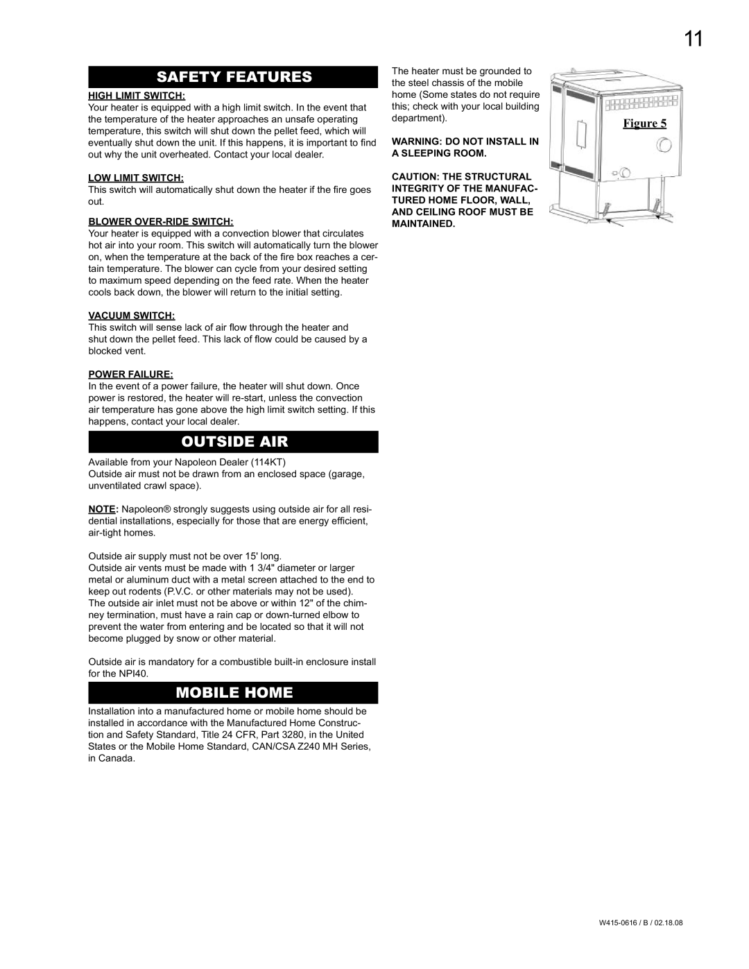 Napoleon Fireplaces NPS40, NPI40 manual Safety Features, Outside AIR, Mobile Home 