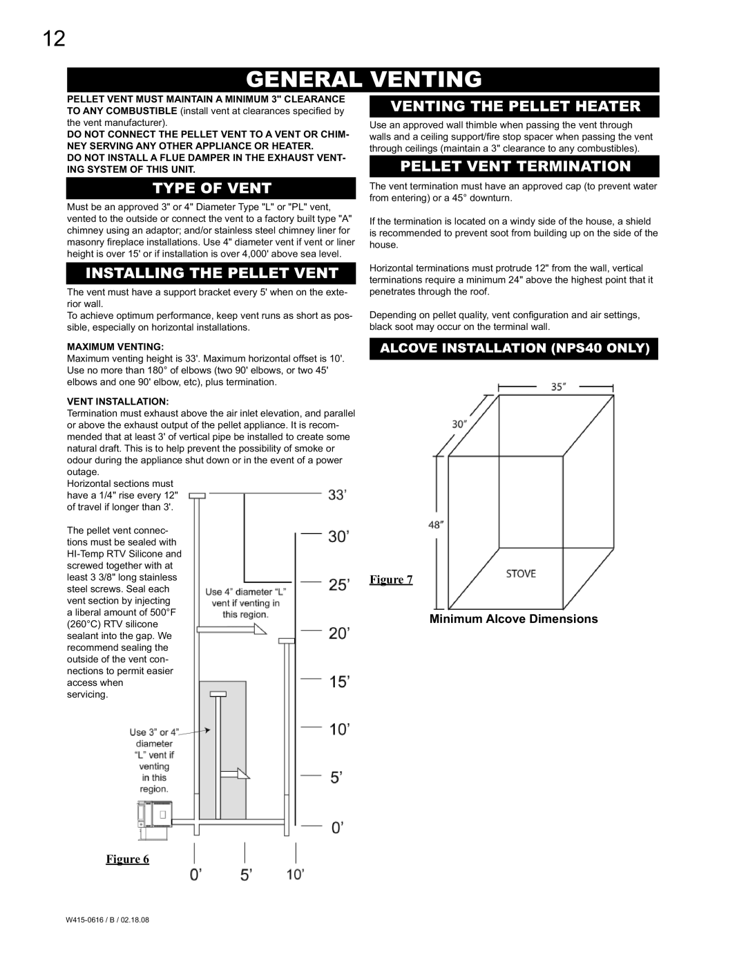 Napoleon Fireplaces NPI40, NPS40 manual General Venting, Type of Vent, Installing the Pellet Vent, Venting the Pellet Heater 