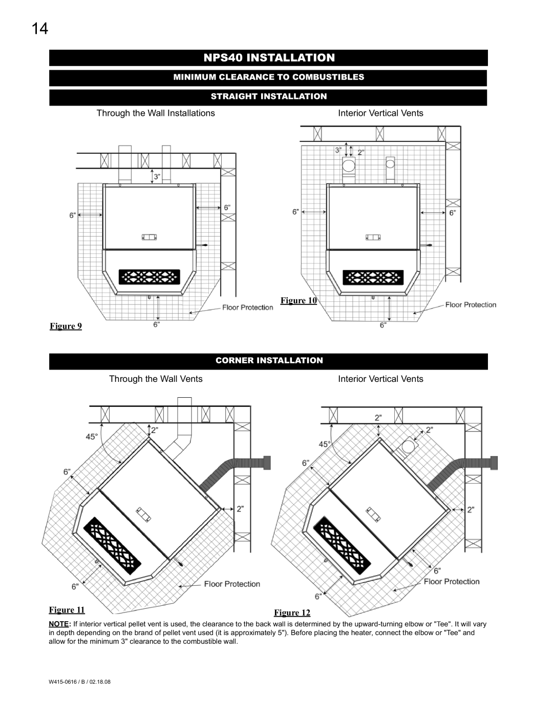 Napoleon Fireplaces NPI40 NPS40 Installation, Minimum Clearance to Combustibles Straight Installation, Corner Installation 