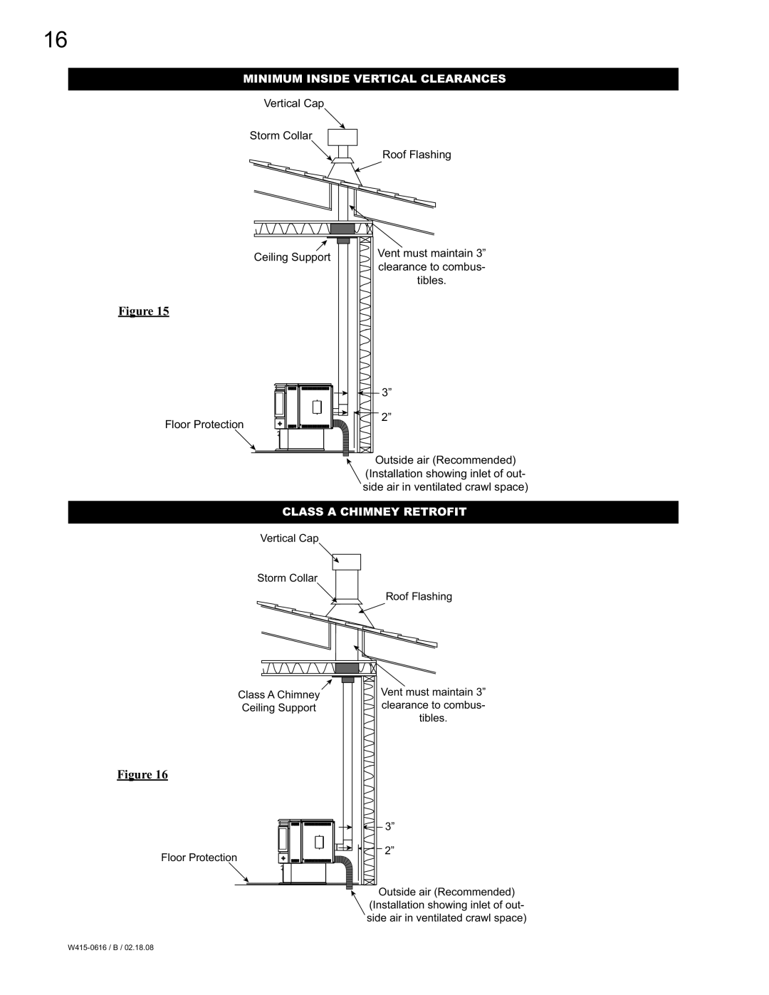 Napoleon Fireplaces NPI40, NPS40 manual Minimum Inside Vertical Clearances, Class a Chimney Retrofit 