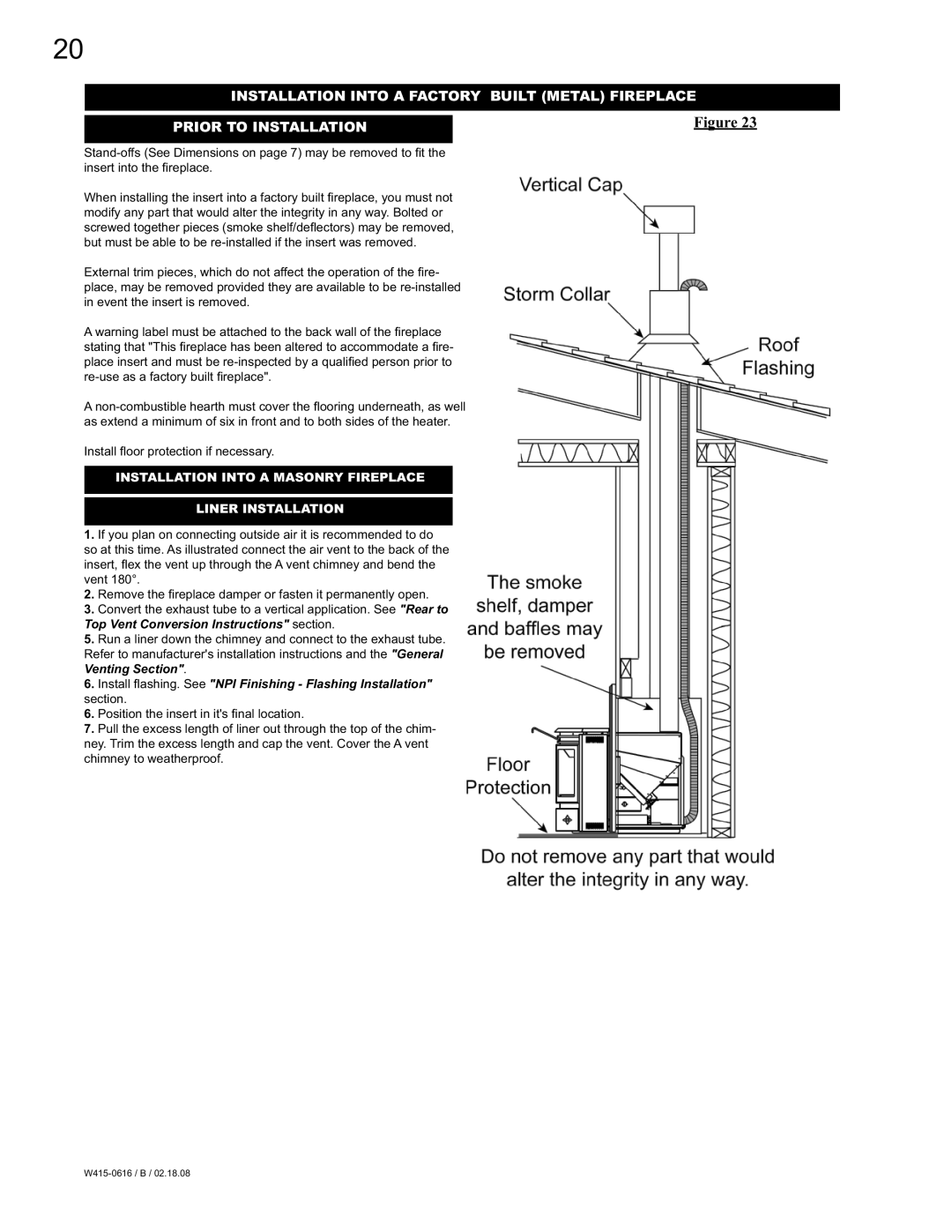 Napoleon Fireplaces NPI40, NPS40 manual Installation Into a Masonry Fireplace Liner Installation 