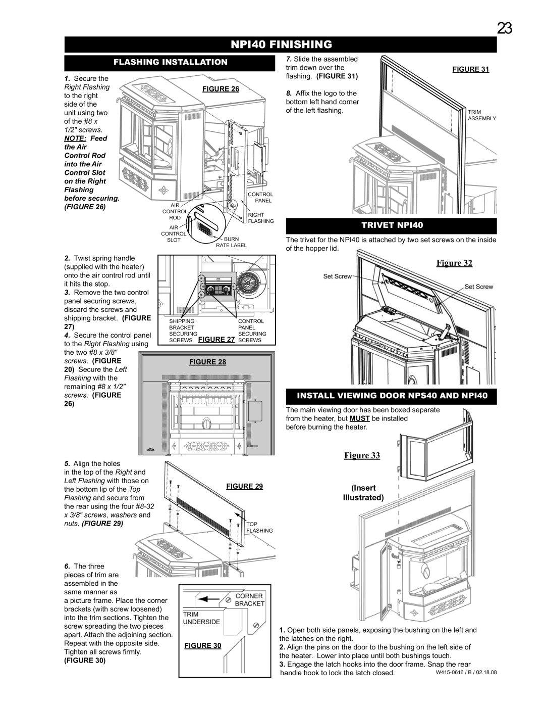 Napoleon Fireplaces manual NPI40 Finishing, Flashing Installation, Trivet NPI40, Install Viewing Door NPS40 and NPI40 