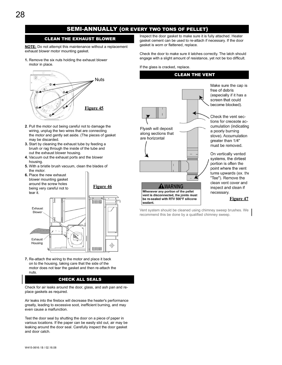 Napoleon Fireplaces NPI40, NPS40 manual Clean the Exhaust Blower, Clean the Vent, Check ALL Seals 