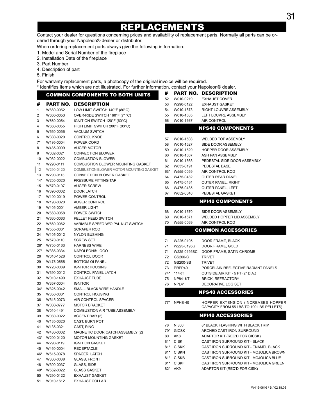 Napoleon Fireplaces NPS40, NPI40 manual Replacements 