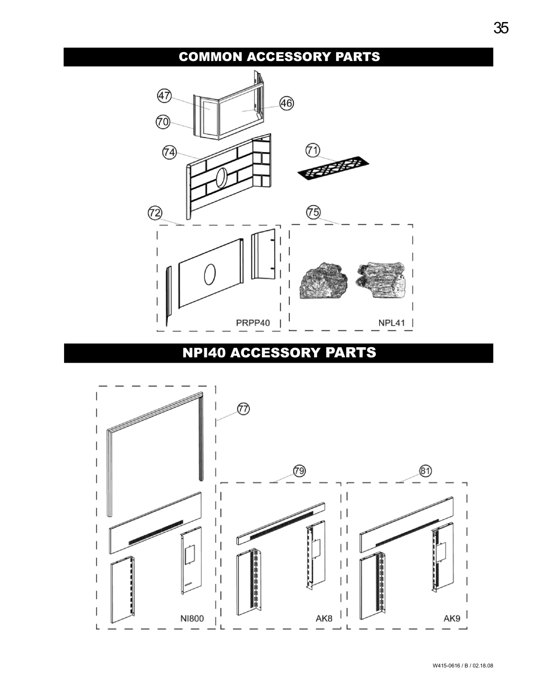 Napoleon Fireplaces NPS40 manual NPI40 Accessory Parts 