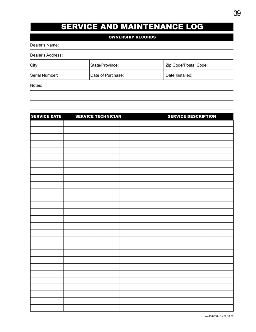 Napoleon Fireplaces NPS40, NPI40 manual Service and Maintenance LOG, Ownership Records 