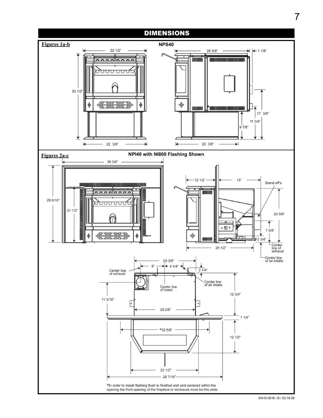 Napoleon Fireplaces NPS40, NPI40 manual Dimensions, Figures 1a-b 