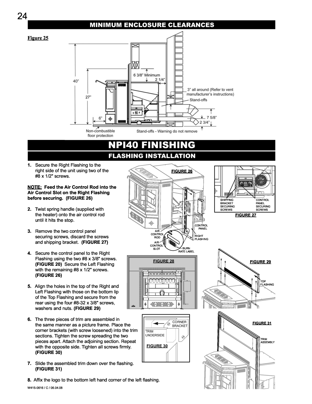 Napoleon Fireplaces NPS40 manual NPI40 FINISHING, Minimum Enclosure Clearances, Flashing Installation 