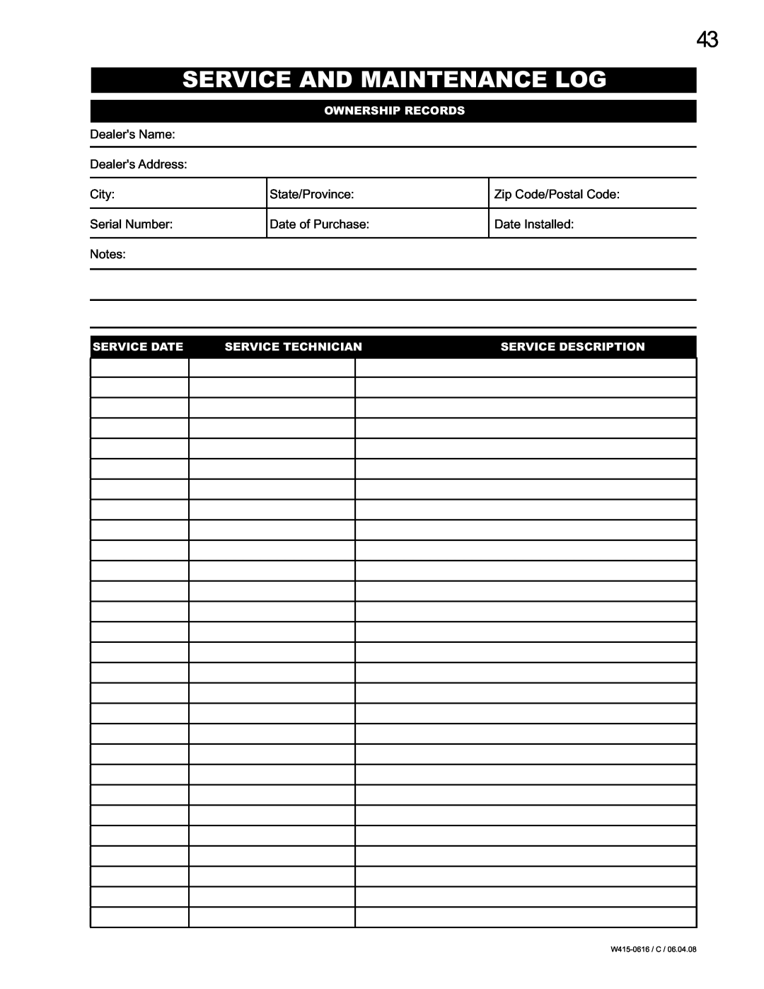 Napoleon Fireplaces NPS40, NPI40 manual Service And Maintenance Log, Ownership Records, Service Date, Service Technician 
