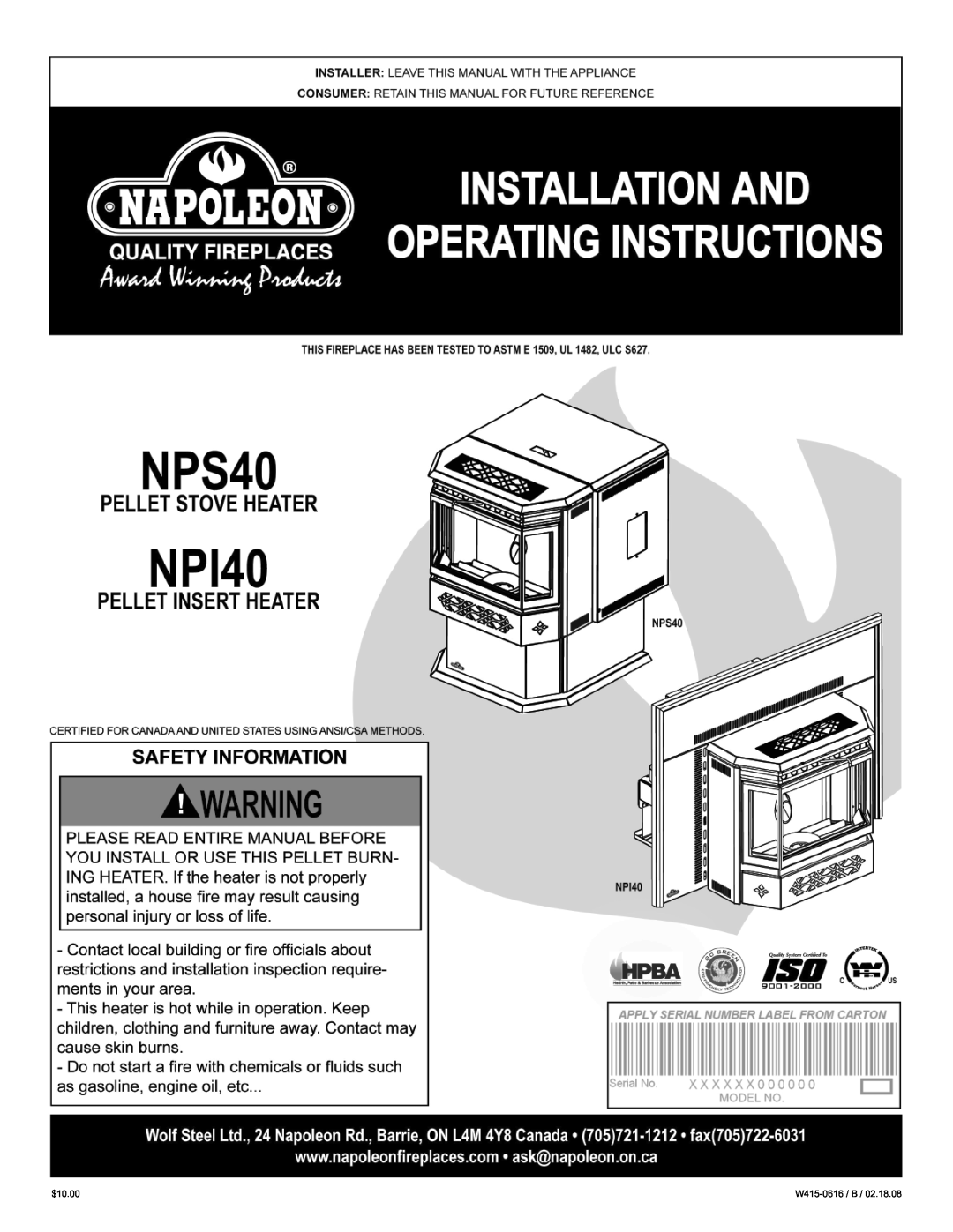Napoleon Fireplaces NPS40, NPI40 manual W415-0616 /B, $10.00 