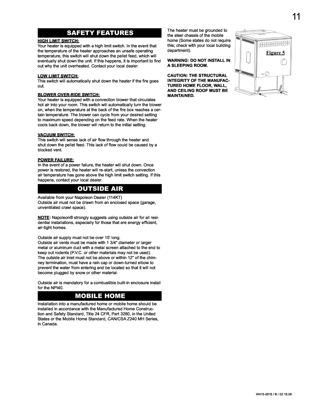 Napoleon Fireplaces NPS40, NPI40 manual Safety Features, Outside Air, Mobile Home 