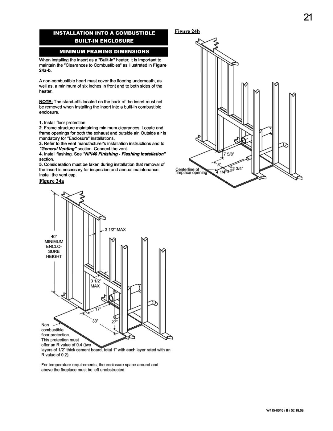 Napoleon Fireplaces NPS40, NPI40 Installation Into A Combustible Built-Inenclosure, Minimum Framing Dimensions 