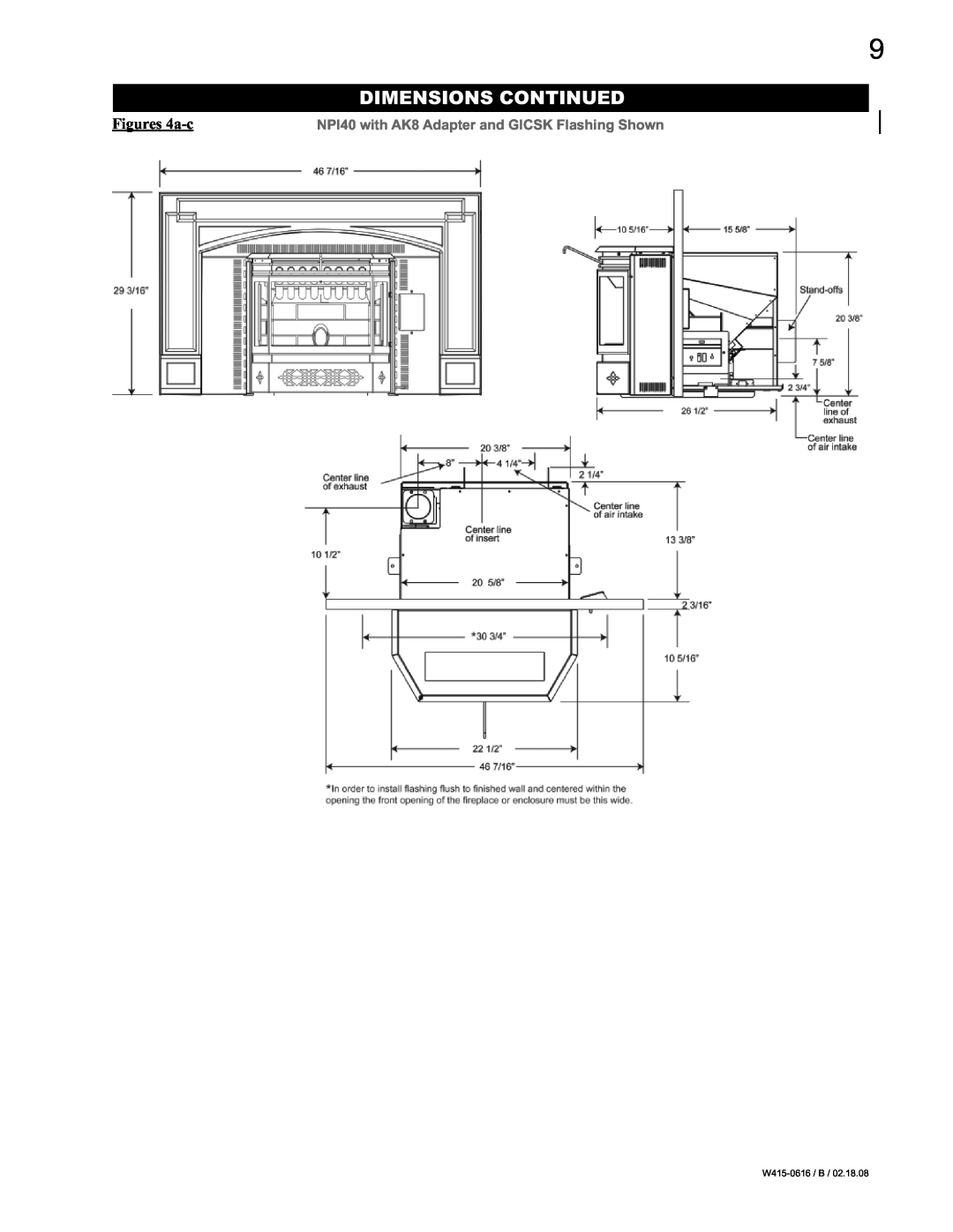 Napoleon Fireplaces NPS40 manual Dimensions Continued, Figures 4a-c, NPI40 with AK8 Adapter and GICSK Flashing Shown 