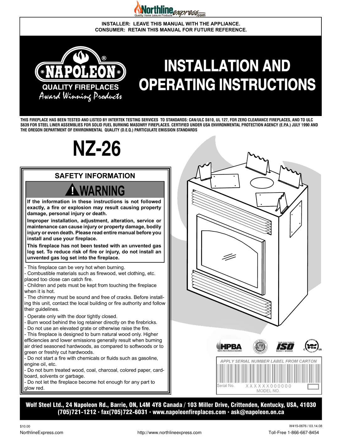 Napoleon Fireplaces NZ-26 operating instructions 