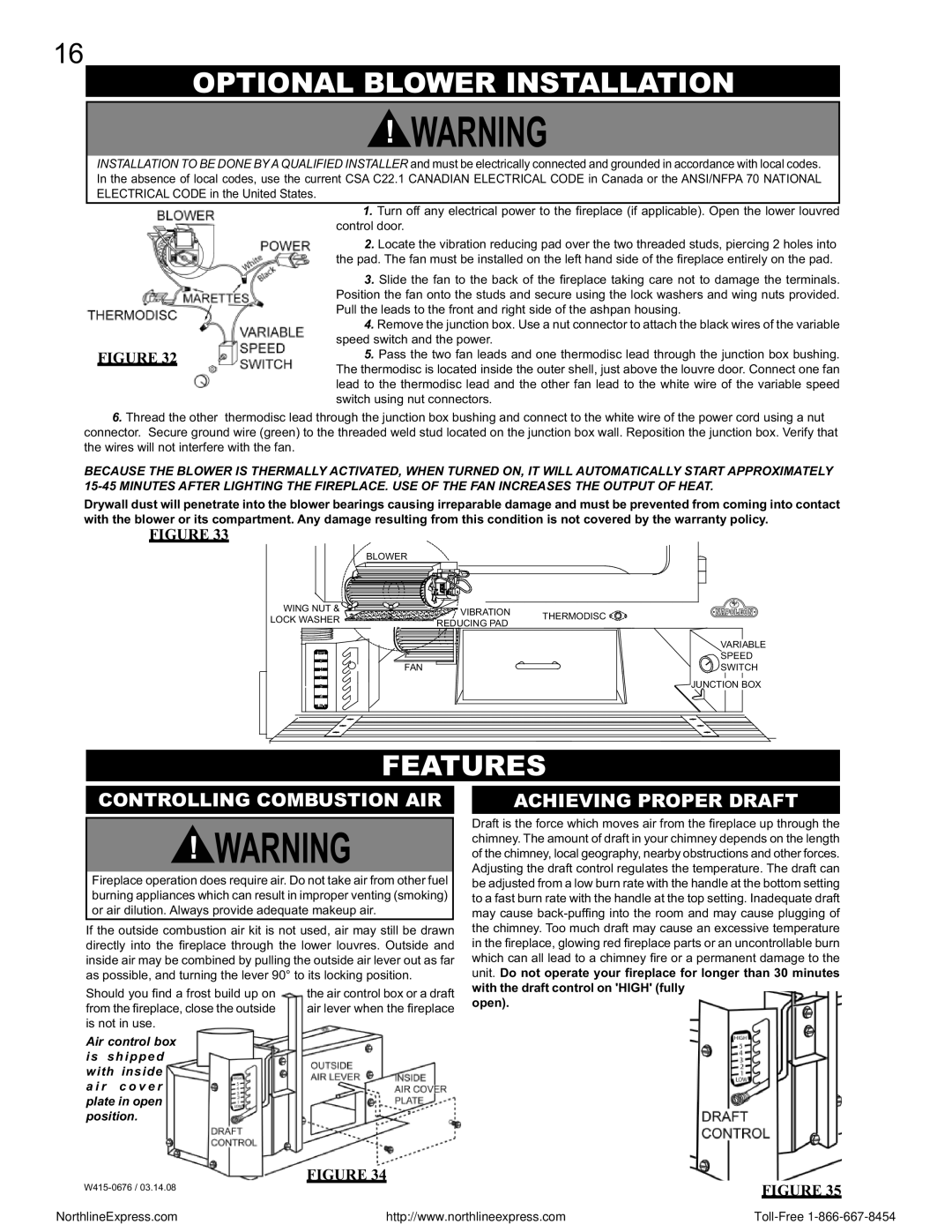 Napoleon Fireplaces NZ-26 Optional Blower Installation, Features, Controlling Combustion AIR, Achieving Proper Draft 