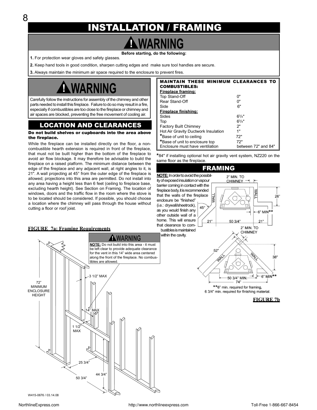 Napoleon Fireplaces NZ-26 Installation / Framing, Location and Clearances, Maintain These Minimum Clearances to 